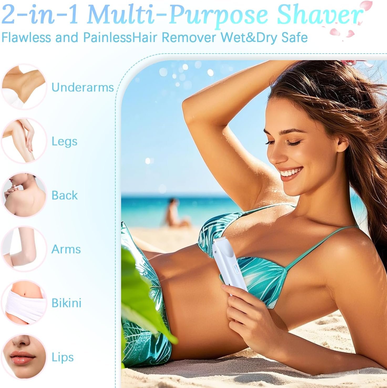 Dual Head Shaver Women, 2 in 1 Electric Bikini Trimmer for Women, Waterproof Wet and Dry Electric Lady Shaver, Portable & Safe, Razor for Womens Private Area (Blue)