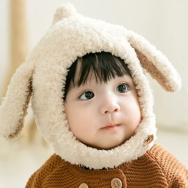 Baby windproof hat winter cute rabbit ears earmuffs children warm thick plush hat boys and girls pullover hat
