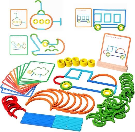 Sticks & Rings Building Toy Set, Wooden Montessori Smart Sticks & Rings Puzzle Game for Kids, Learning Set with 20+ Double-Sided Cards