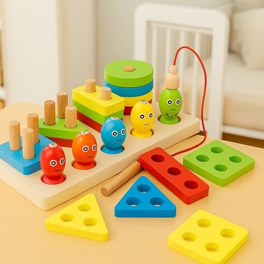 Wooden Educational Toys for Kids – Shape Sorter, Stacking Blocks & Magnetic Fishing Game – Learning Toy Set for 3+ Years Boys & Girls
