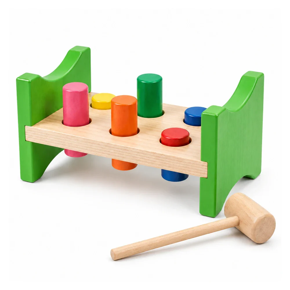 Wooden Pounding Bench — Tap the Pegs, Flip and Repeat